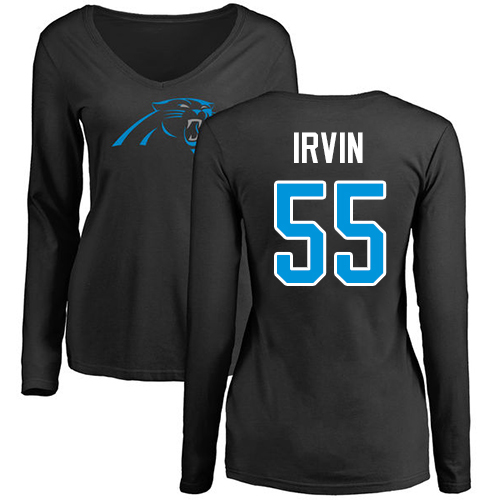 Carolina Panthers Black Women Bruce Irvin Name and Number Logo Slim Fit NFL Football 55 Long Sleeve T Shirt